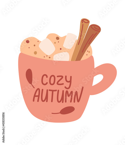 Mug with autumn drink with marshmallow and cinnamon. Hot drink. Autumn and winter holidays. Coffee, cocoa, cappuccino, and marshmallows. Drink with cinnamon and whipped cream. Vector illustration