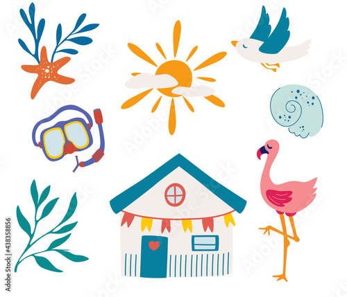 Elements for sea recreation. Beach items for sea recreation. Bungalow, gull, swimming mask, flamingo, sun, beach house and  seashell. Sea holidays. Set of Nautical Pictures. Vector illustration