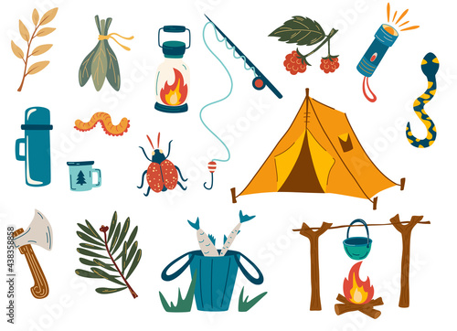 Camping and hiking set. Outdoor recreation, fishing, hiking in the forest. For scrapbooking, craft projects, posters, tags, sticker. Fishing rod, tent, fire, insects, branches, flashlight, axe. Vector