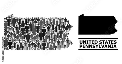 Map of Pennsylvania State for national applications. Vector demographics mosaic. Mosaic map of Pennsylvania State made of population icons. Demographic scheme in dark gray color hues.