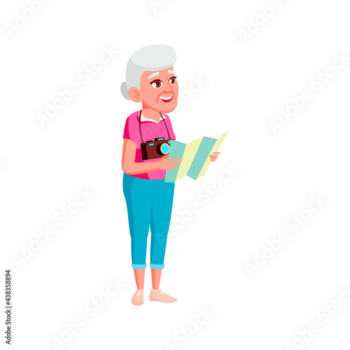 elderly woman tourist with photo camera searching monument on guide map cartoon vector. elderly woman tourist with photo camera searching monument on guide map character. isolated flat cartoon