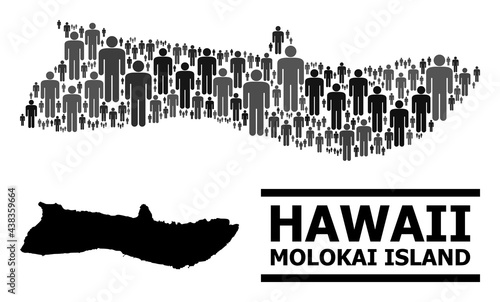 Map of Molokai Island for social propaganda. Vector nation collage. Collage map of Molokai Island designed of guy elements. Demographic scheme in dark gray color variations.