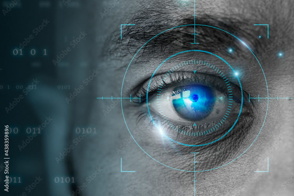Retinal biometrics technology with man&rsquo;s eye digital remix - obrazy, fototapety, plakaty 