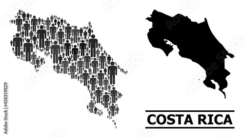 Map of Costa Rica for social projects. Vector population collage. Collage map of Costa Rica done of person items. Demographic scheme in dark grey color hues.