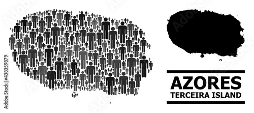 Map of Terceira Island for political projects. Vector population mosaic. Collage map of Terceira Island designed of men pictograms. Demographic concept in dark gray color hues.