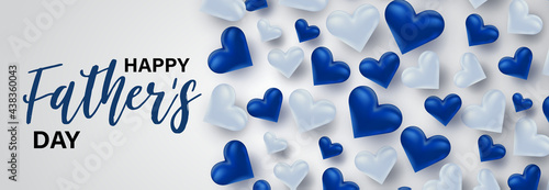 Happy Fathers Day. Banner background with lettering and blue hearts. Vector illustration.