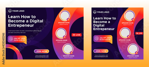 Digital Business Entrepeneur live webinar banner invitation and social media post template. Business webinar invitation design. Vector EPS	
