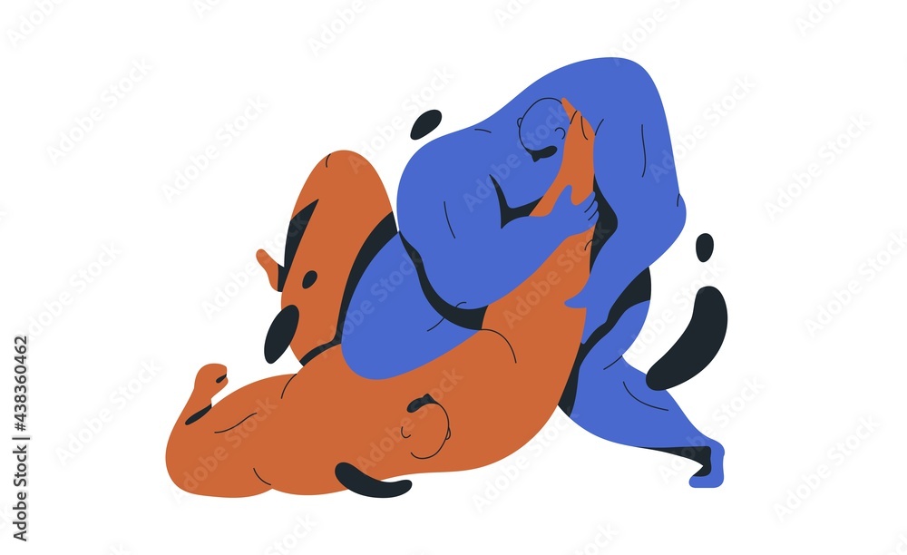 Fierce fight of two abstract fighters colored silhouettes. Rivals fighting. Concept of struggling with yourself or enemy. Battle of athletes. Flat vector illustration isolated on white background
