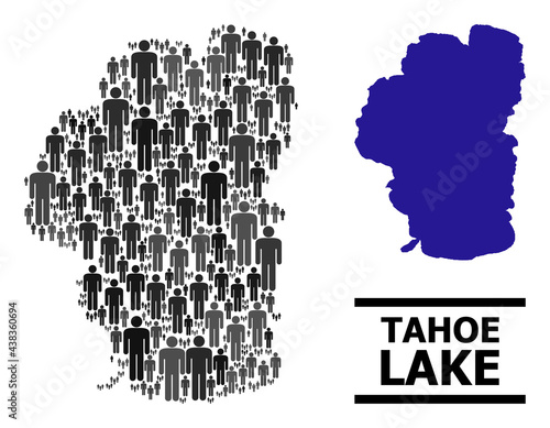 Map of Tahoe Lake for politics proclamations. Vector nation abstraction. Abstraction map of Tahoe Lake organized of social pictograms. Demographic scheme in dark grey color shades.