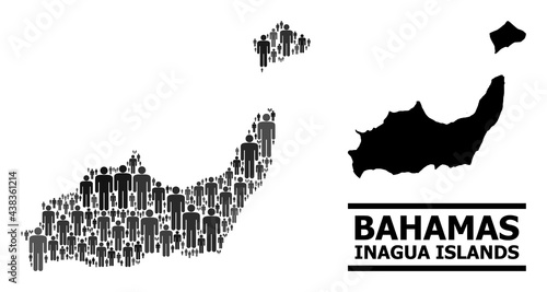 Map of Inagua Islands for national agitation. Vector population mosaic. Concept map of Inagua Islands composed of guy pictograms. Demographic concept in dark gray color variations.