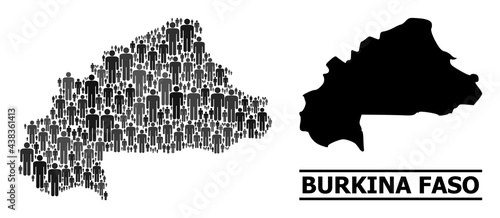 Map of Burkina Faso for politics proclamations. Vector population mosaic. Mosaic map of Burkina Faso organized of men icons. Demographic concept in dark gray color tinges.