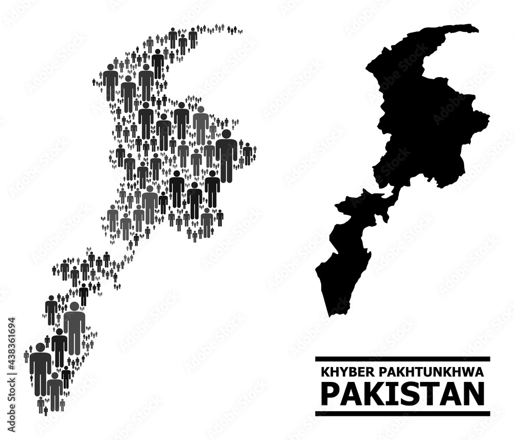 Map of Khyber Pakhtunkhwa Province for politics propaganda. Vector demographics mosaic. Mosaic map of Khyber Pakhtunkhwa Province made of person icons. Demographic concept in dark gray color tints.