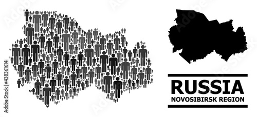 Map of Novosibirsk Region for social purposes. Vector population mosaic. Pattern map of Novosibirsk Region made of social elements. Demographic scheme in dark grey color tints.