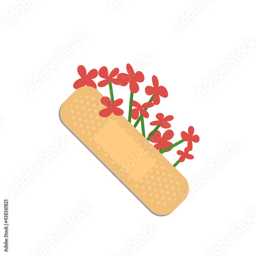 Sticking plasters and red flowers. Medical patch isolated on white background. Stock vector illustration.