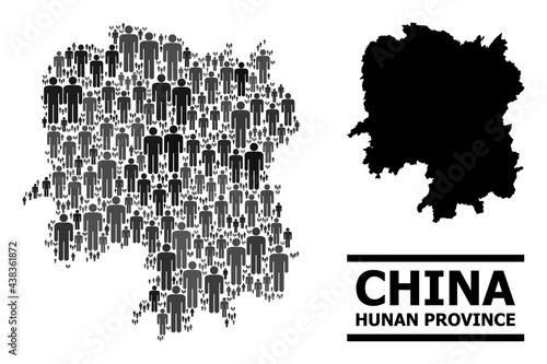 Map of Hunan Province for demographics proclamations. Vector demographics mosaic. Composition map of Hunan Province designed of people items. Demographic concept in dark grey color tints.