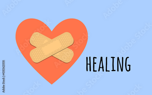 Sticking plaster on red heart silhouette. Medical patch isolated on white background. healing concept. Stock vector illustration.