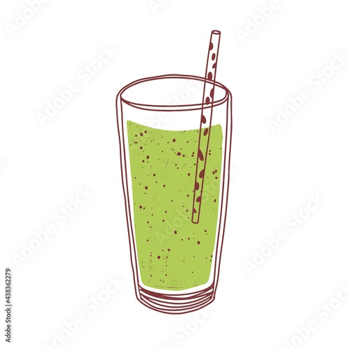 Green detox smoothie in glass with straw. Summer refreshing Japanese matcha d...