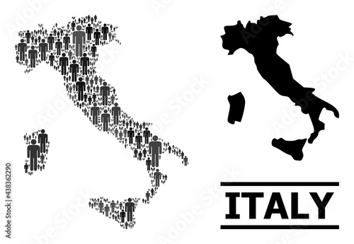 Map of Italy for demographics proclamations. Vector demographics mosaic. Concept map of Italy designed of man elements. Demographic scheme in dark grey color tinges.
