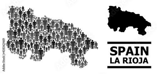 Map of La Rioja Spanish Province for social posters. Vector population mosaic. Concept map of La Rioja Spanish Province created of human pictograms. Demographic concept in dark gray color hues.