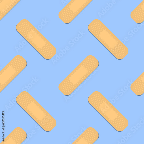 Seamless pattern with sticking plasters. Medical patch repeat texture. On blue background. Stock vector illustration.