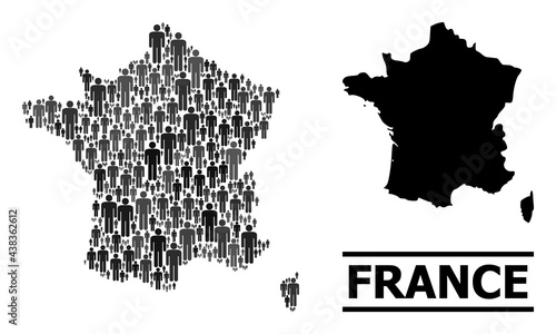 Map of France for political propaganda. Vector nation abstraction. Abstraction map of France combined of people items. Demographic scheme in dark gray color variations.