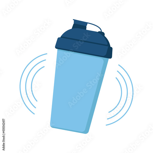 Shaker bottle mix with protein drink icon. Shake mug for protein cocktails. Personal refillable sports and fitness container, thermos or cup for energy beverage to go. Vector flat