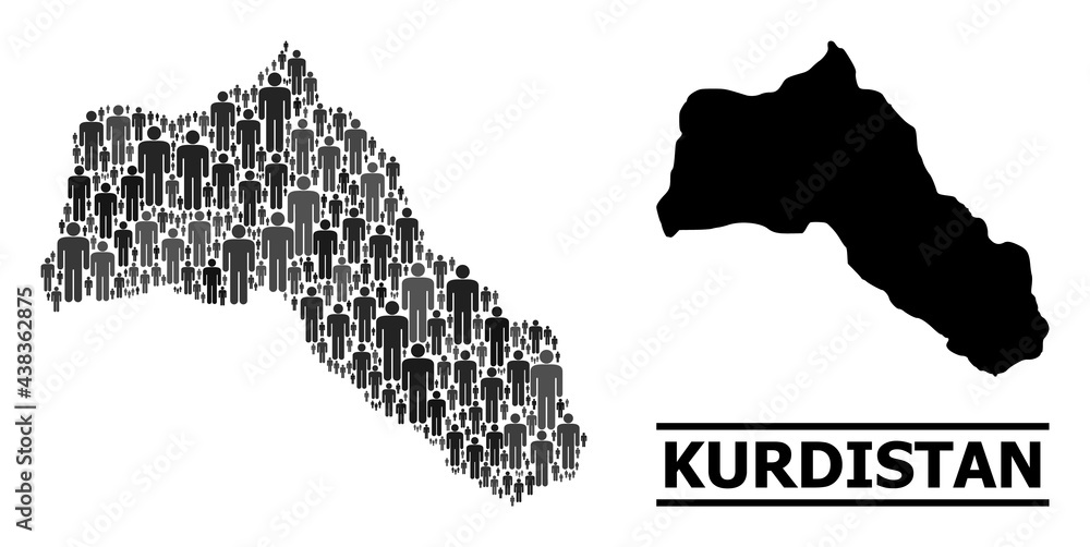 Map of Kurdistan for national agitprop. Vector demographics abstraction. Abstraction map of Kurdistan combined of human items. Demographic concept in dark grey color hues.