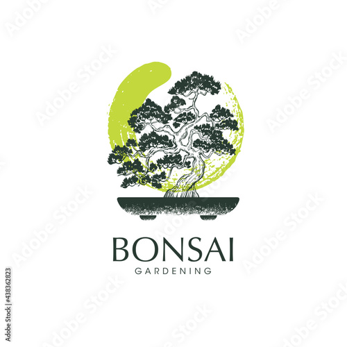 Japanese Bonsai Garden Tree Logo. Plant Silhouette Organic Icon Sign With Zen Circle. Creative Vector Illustration