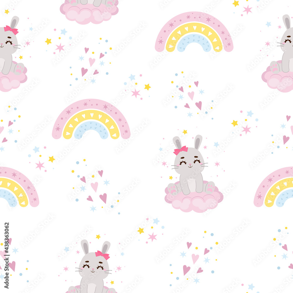Cute bunny and rainbow seamless pattern. Children nursery illustration. Flat vector cartoon design Cute bunny and rainbow seamless pattern. Children nursery illustration. Flat vector cartoon design