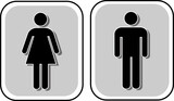 The sign of the toilet .Two signs. The symbol of the icon is a man and a woman. Vector illustration. Black symbol in a frame on a gray background.