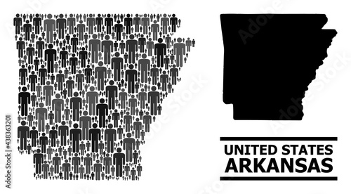 Map of Arkansas State for demographics agitprop. Vector demographics mosaic. Concept map of Arkansas State composed of man icons. Demographic scheme in dark grey color shades.