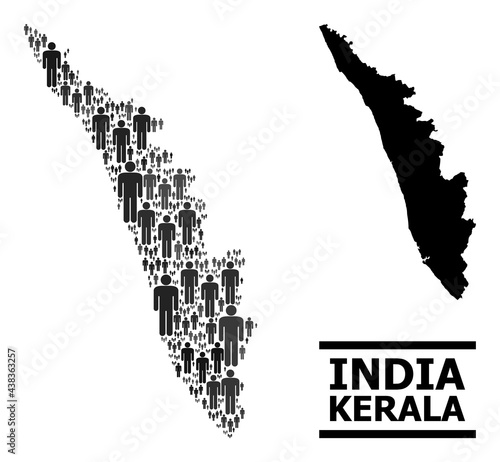 Map of Kerala State for demographics agitprop. Vector demographics mosaic. Mosaic map of Kerala State created of men pictograms. Demographic concept in dark grey color tinges.
