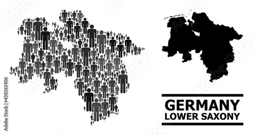 Map of Lower Saxony State for politics agitprop. Vector nation mosaic. Mosaic map of Lower Saxony State combined of crowd pictograms. Demographic concept in dark gray color tinges.