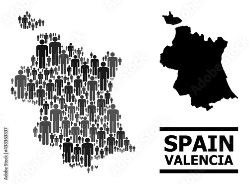 Map of Valencia Province for demographics propaganda. Vector demographics collage. Mosaic map of Valencia Province made of social elements. Demographic scheme in dark grey color hues.