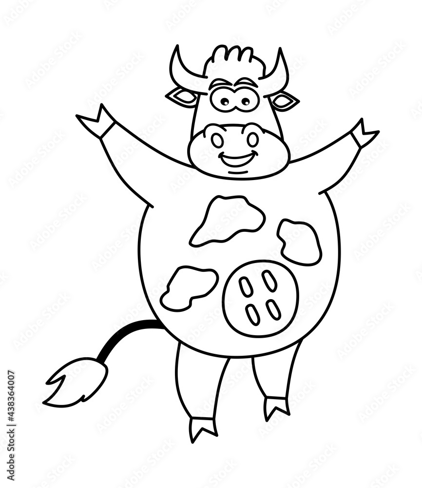 Smiling dairy cow for drawing and colouring on a white background 