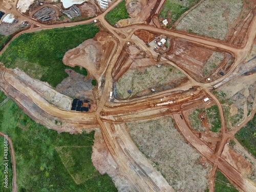 Aerial view of construction of Bento Rodrigues city, Minas Gerais, Brazil. 
Earthworks and land clearing work for city construction photo