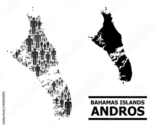 Map of Bahamas - Andros Island for social promotion. Vector nation mosaic. Mosaic map of Bahamas - Andros Island designed of social items. Demographic concept in dark gray color variations.