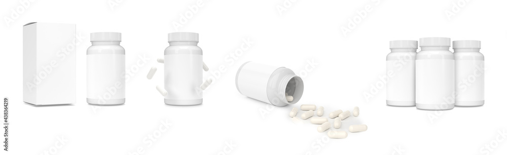 Tablets container mockup isolated on white background. Supplement bottle template. Pill,drug and vitamins containers set. Tablets container mockup isolated on white background. Supplement bottle template. Pill,drug and vitamins containers set.