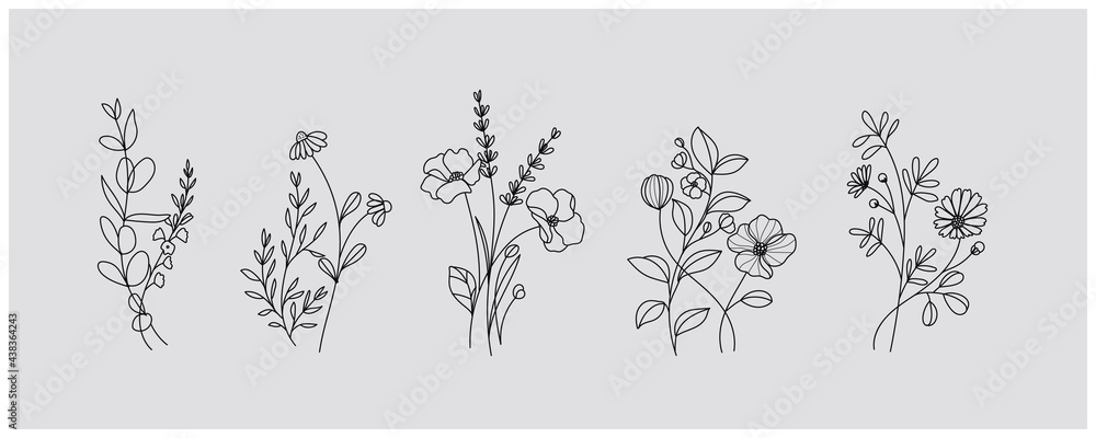minimal botanical graphic sketch drawing, trendy tiny tattoo design, floral elements vector illustration Stock Vector