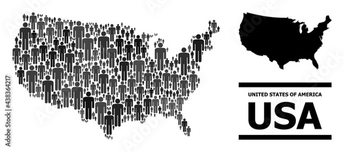Map of USA for politics doctrines. Vector nation abstraction. Abstraction map of USA combined of social items. Demographic scheme in dark gray color tones.
