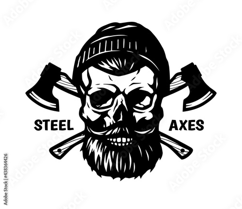 A lumberjack skull with a beard, a hat and two axes. Vector illustration.
