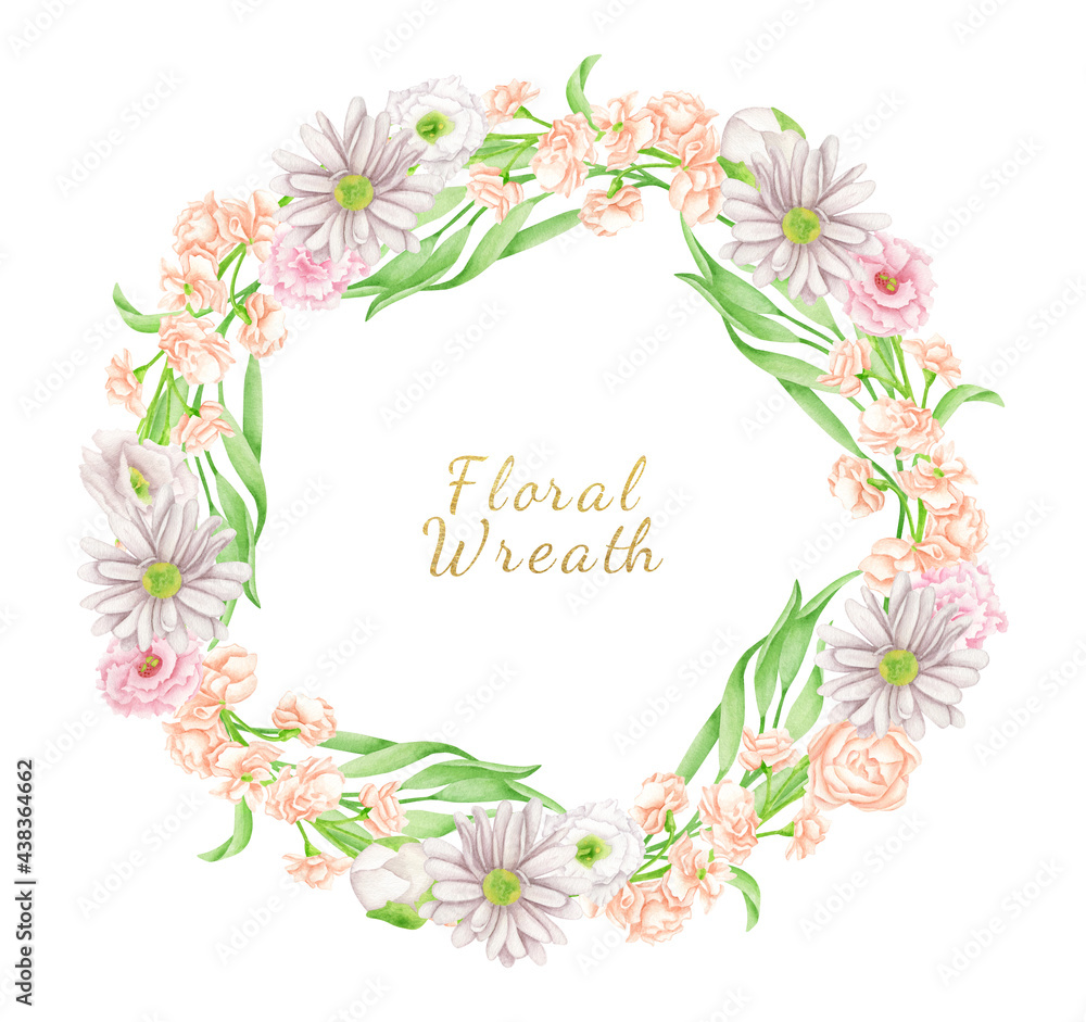 Watercolor elegant floral wreath. Hand drawn round frame with blush and peach color flowers, leaves isolated on white. Botanical arrangement with pastel flower buds for wedding invitation, cards
