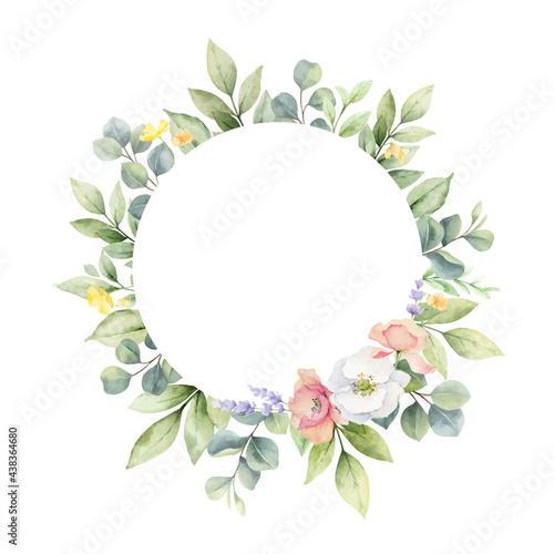 Watercolor vector wreath of with wildflower flowers isolated on a white backg...
