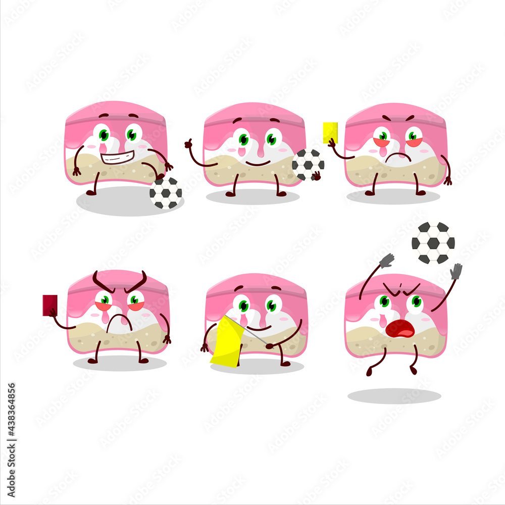 Fototapeta premium Strawberry cake cartoon character working as a Football referee