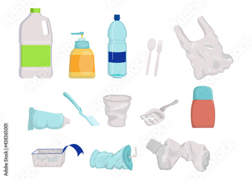 Collection of plastic empty or broken trash. Cartoon vector illustration. Not recyclable litter, rubbish swimming in sea water, household objects. Recycling, waste sorting, ecology concept for designs