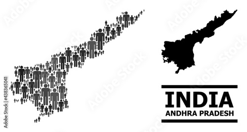 Map of Andhra Pradesh State for political propaganda. Vector population abstraction. Pattern map of Andhra Pradesh State organized of population items. Demographic concept in dark grey color shades.