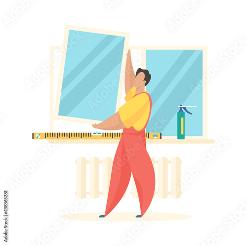 Fitting and replacement windows. Man in uniform inserts new frame with glass. Modern level ruler and polyurethane foam on sill. Repair professional services. Vector flat illustration
