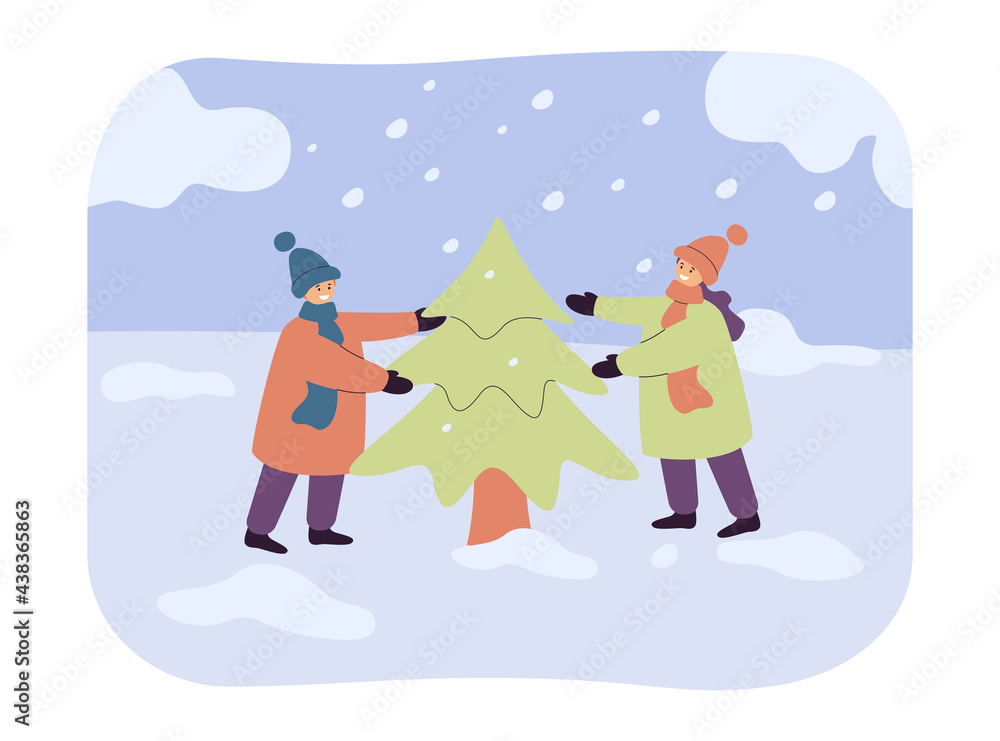Children standing around Christmas tree. Happy boy and girl in warm clothes in winter flat vector illustration. Christmas, holiday, winter concept for banner, website design or landing web page Children standing around Christmas tree. Happy boy and girl in warm clothes in winter flat vector illustration. Christmas, holiday, winter concept for banner, website design or landing web page