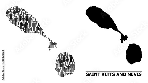 Map of Saint Kitts and Nevis for demographics promotion. Vector demographics mosaic. Composition map of Saint Kitts and Nevis done of man icons. Demographic concept in dark grey color tinges.