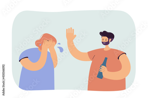 Drunk man abusing woman. Bearded male character with bottle screaming at crying wife or girlfriend. Alcohol problems or family abuse concept for banner, website design or landing page
